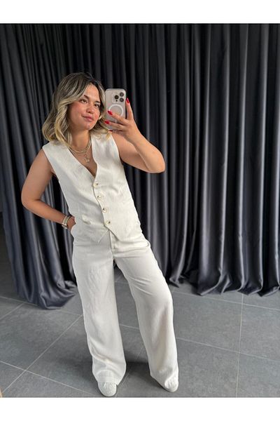 BÜŞRA PERKER 1091 Vest Pants Suit Ecru