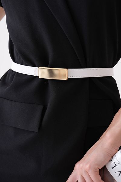 bayansepeti White Thin Faux Leather Gold Buckle Detail Women's Belt 2297