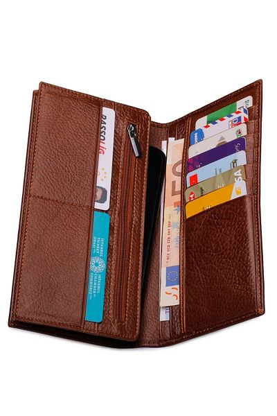 Honorius Men's Genuine Leather Large Size Handbag Wallet with Phone Compartment Brown