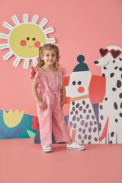 Patique Kids Pink Denim Ruffle Cotton Girls Jumpsuit
