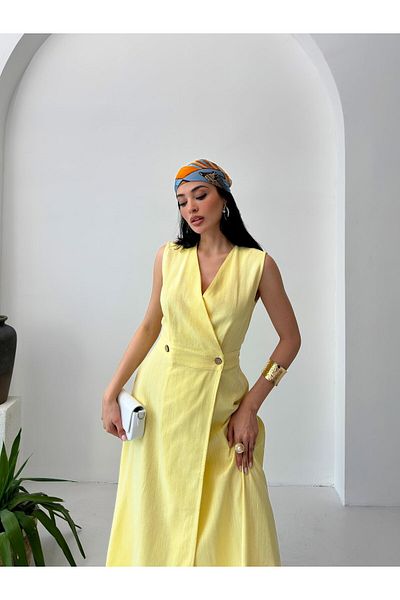 Serica Moda Yellow Double Breasted Cutout Sleeveless Long Linen Dress