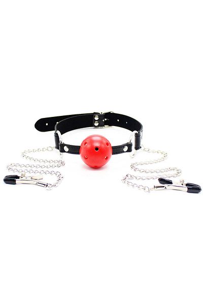 WildFashion Curea cu minge pentru gura tip calus si clipsuri pentru sfarcuri, negru si rosu TOY427-115