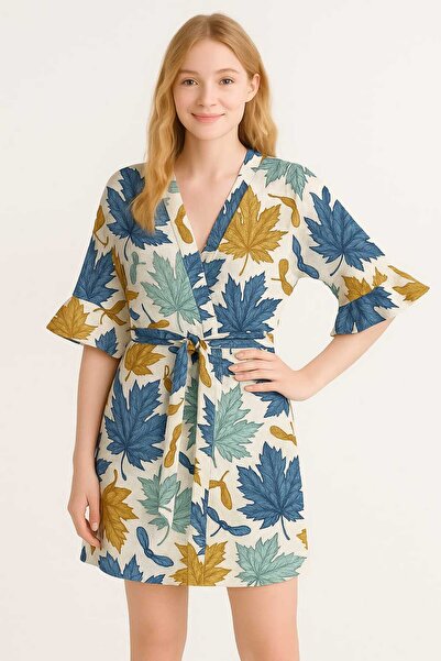 PEMBİŞ HOMEWEAR Синя и жълта халат с къс ръкав и мотив на листа