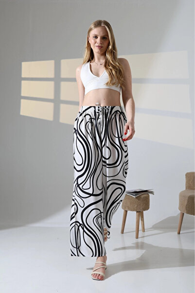 hazelin Women's White Patterned Elastic Waist Pocketless Loose Cut Viscose Trousers Hzl25S-Dsb17771