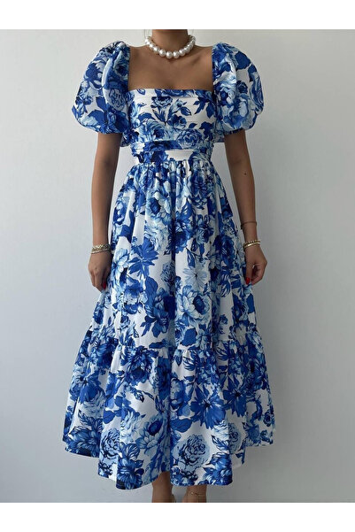 Auralis Studio Mavi Beyaz Çiçek Desenli Kare Yaka Karpuz Kol Midi Elbise