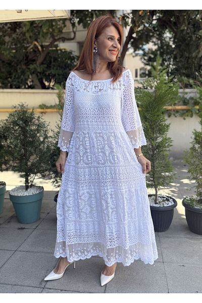 DenizEge Λεπτομερές ιταλικό φόρεμα με παγιέτες λευκό