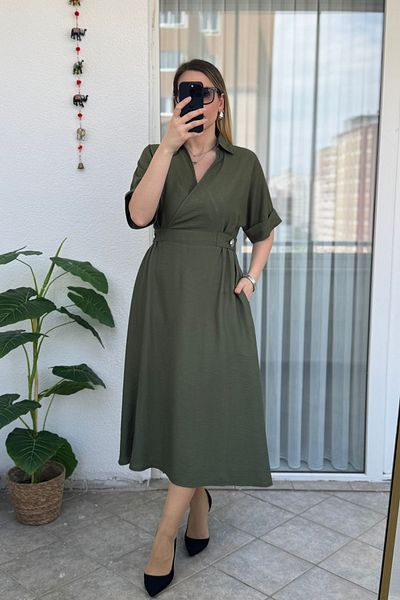 KUBOS MODA Adjustable Waist Double Breasted Collar Short Sleeve Khaki Dress