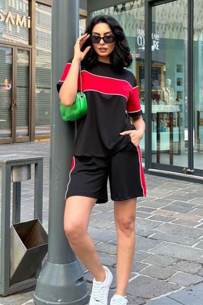 Ded COLLECTION Women's Short Sleeve Crew Neck Piping Detailed Tshirt Shorts Modal Fabric Set