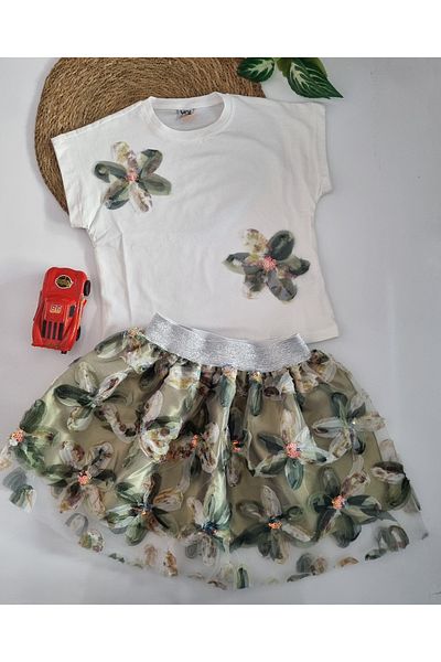 Uğur bebe Girls' Skirt Suit Floral Print T-Shirt Floral Print Lined Green Skirt