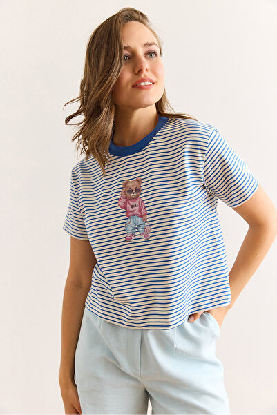 Olalook Γυναικείο μπλουζάκι με ρίγες Navy Blue με στάμπα από βαμβακερό μπλουζάκι TSH-19000924