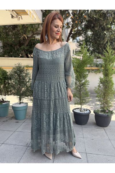 DenizEge Ιταλικό φόρεμα με λεπτομέρεια από γούπερ με παγιέτες χακί