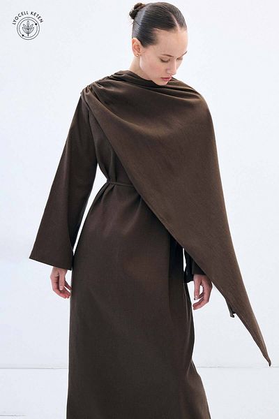 Hooopstore Λινό φόρεμα Lyocell Ash Brown με λεπτομέρεια κάπας