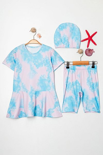 Beniizle Batik Patterned Flounce Skirt and Belted Girl's Triple Set Swimsuit