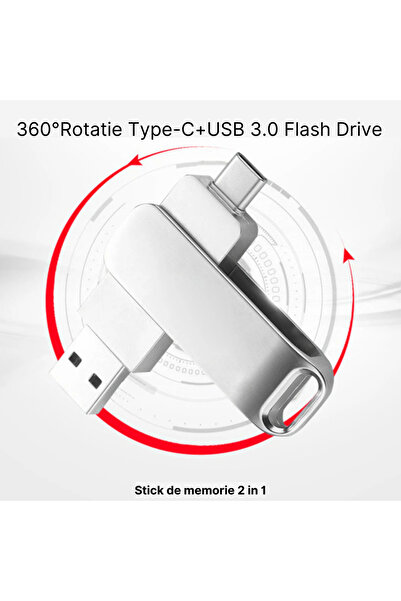 MaGeCa Stick de memorie metalic MaGeCa® 128 GB, 2 in 1, Rotire 360°, USB 3.0/ USB Type-C