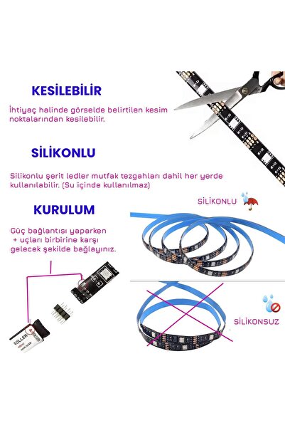 UpWay 3 Metre Bluetoothlu Müziğe Duyarlı Su Geçirmez Kesilebilir Silikonlu Kumandalı USB RGB Şerit L