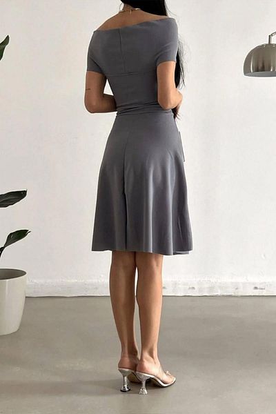Deafox Γκρι φόρεμα Madonna Collar Crepe Fabric Flared