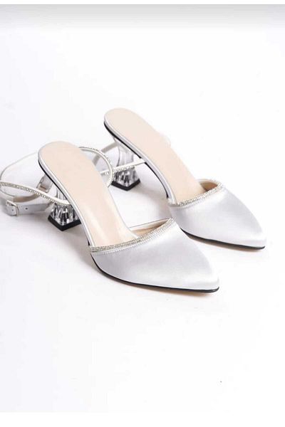 moda gim Silver Seten Ankle Strap Women's Shoes with Stone Heels