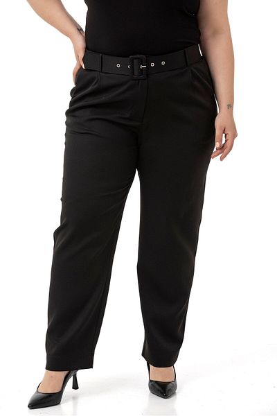 DISENTIS MODEST Plus Size Black Trousers with Pleated Front Pockets and Belt