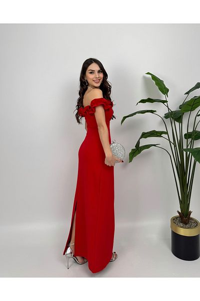 GİZONLY Rochie de seară lungă cu decolteu barcă cu volane roșii