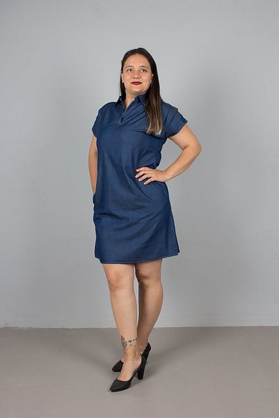 Truva XXL Plus Size Shirt Collar Slim Denim Dress |   Knee Length Summer Denim Dress Size 44-52