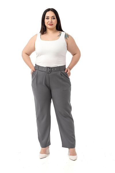 DISENTIS MODEST Plus Size Anthracite Trousers with Pleated Front Pockets and Belt