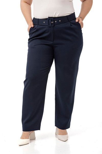 DISENTIS MODEST Plus Size Navy Blue Trousers with Pleated Front Pockets and Belt