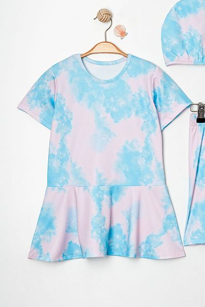 Beniizle Batik Patterned Flounce Skirt and Belted Girl's Triple Set Swimsuit