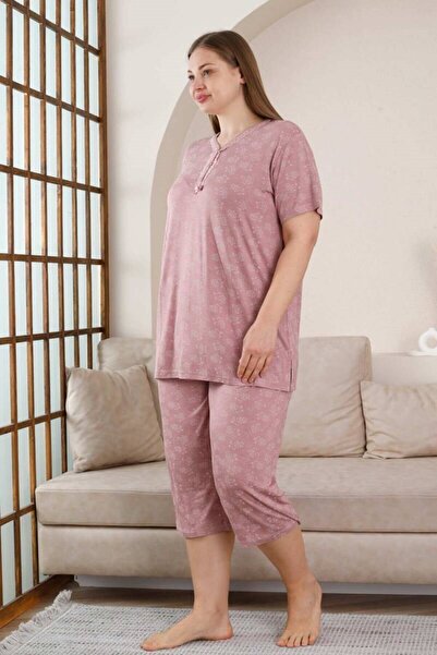 ALİMER Women's Dusty Rose V-Neck Lace Detail Viscose 3 Button Short Sleeve Summer Plus Size Capri Pajamas