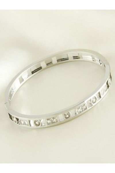 CADI BOUTİQUE Luxury Steel Clamp Bracelet with Zircon Stones