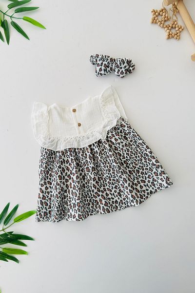 Minigimin Cicileri My Little Baby Girl's Muslin Cotton Dress with Leopard Detail - Brown