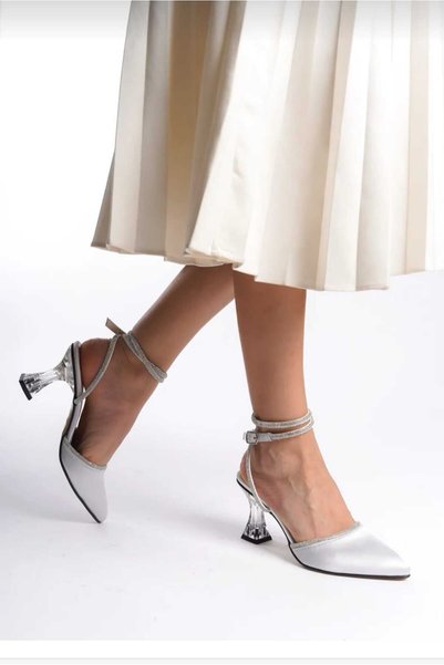 moda gim Silver Satin Ankle Strap Stone Heels Shoes