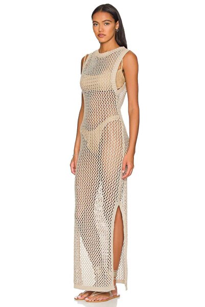 AQE FASHION Women's Crew Neck Rope Strap Sleeveless Sexy Slit Mesh Knit Back Low-cut Long Beige Beach Dress