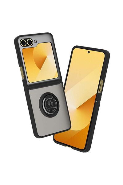 SKYDDAR INNOVATION Case for Samsung Galaxy Z Flip6, Glinth with 360° Magnetic Rotating Ring, Black, sticker set