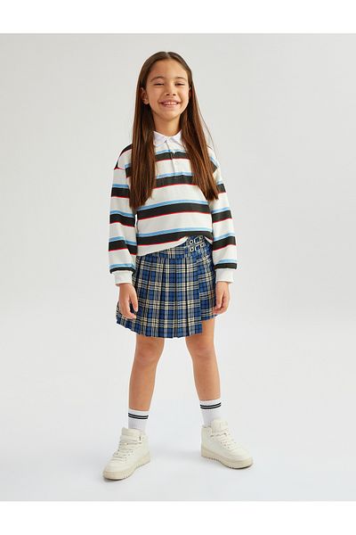 Koton Viscose blend belt detail plaid skort.