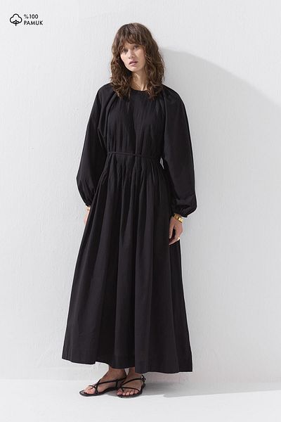 Hooopstore Μαύρο φόρεμα με ραβδώσεις βαμβακερό Voile