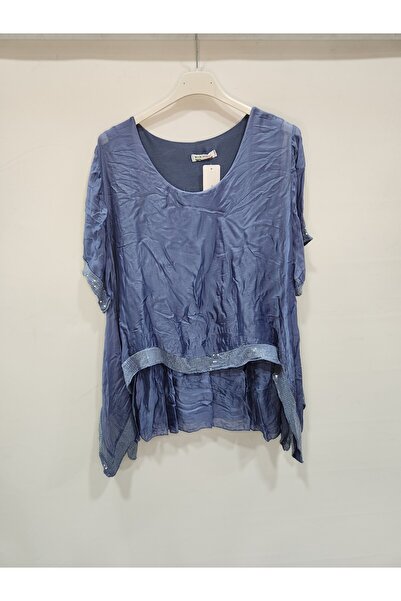 della moor Blue Italian Sequined Short Sleeve Silk Blend Blouse