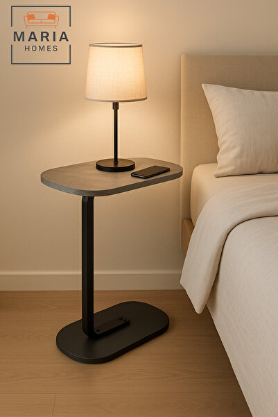 MARIA HOMES Grey C-Shaped Side Table with Metal Base – Laptop Snack Sofa Table for Living Room & Office