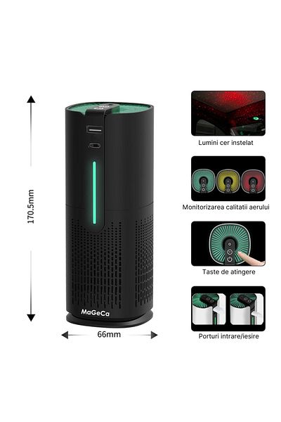 MaGeCa Purificator De Aer Auto ®, Carbune Activ, Filtru Hepa, Lumini Cer Instelat, Negru