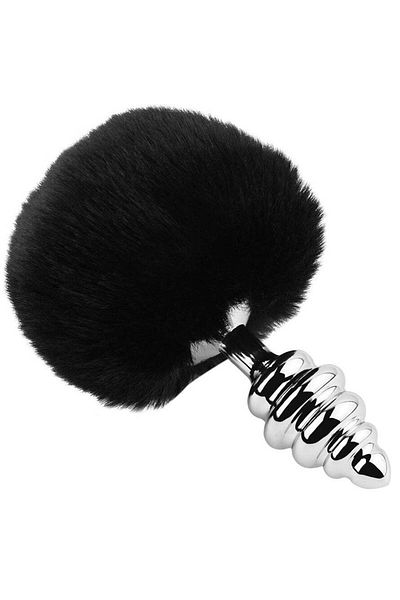 WildFashion Dop anal (Butt Plug) din metal inoxidabil cu striatii si coada de iepuras pufoasa, negru TOY416-1