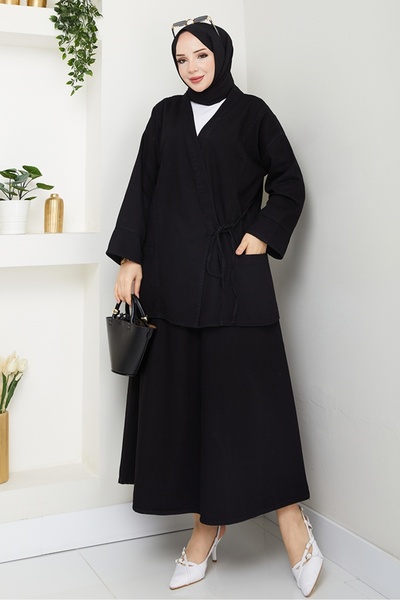 Bestenur Κιμονό Φούστα Διπλό Τζιν Σετ 1531 - Μαύρο