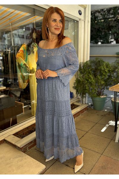 DenizEge Italian Sequin Detailed Guipure Dress Blue