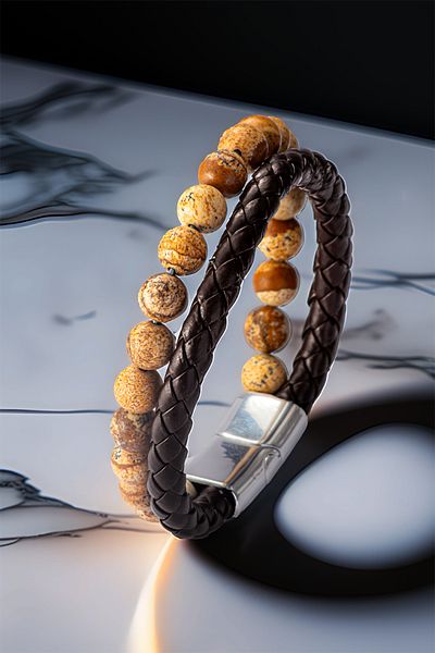 OSMANLI GÜMÜŞ Men's Natural Stone Bracelet - Leather Braided Jasper Natural Stone Men's Imprint