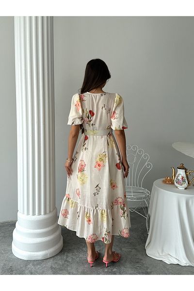 Ayinsu Floral Pattern Balloon Sleeve V Neck Midi Dress