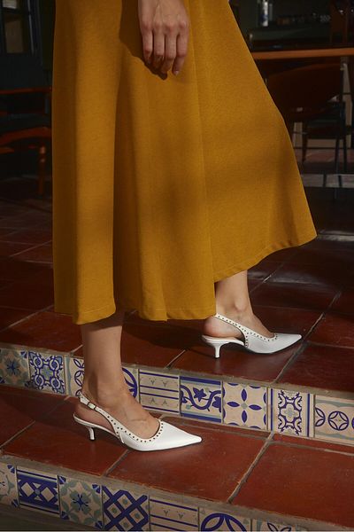Seniorah White Skin Studded Pointed Toe Women's Heeled Shoes