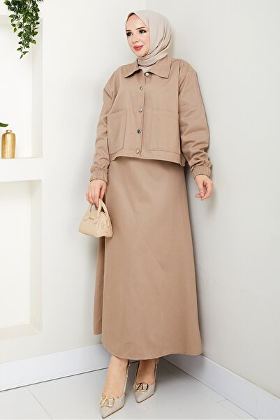 Bestenur Cerza Jacket Skirt Double Set 1534 - Stone