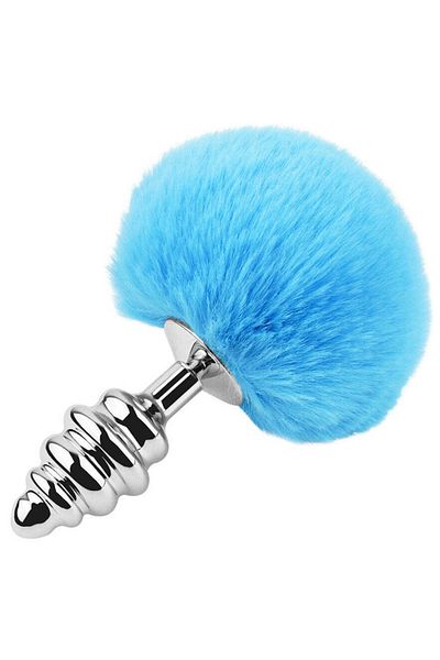 WildFashion Dop anal (Butt Plug) din metal inoxidabil cu striatii si coada de iepuras pufoasa, SkyBlue TOY416-48