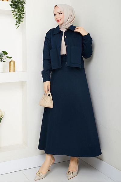 Bestenur Cerza Jacket Skirt Double Suit 1534 - Navy Blue