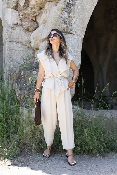 bytugcekaya Stone Natural Linen Double Breasted Vest Trousers Suit