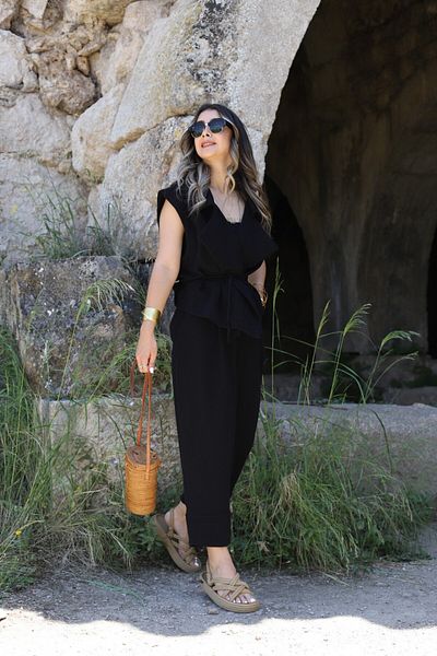 bytugcekaya Black Natural Linen Double Breasted Vest Trousers Suit