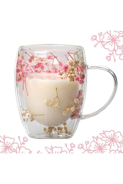 ECARLA Mug with dried gypsophila flowers, double walls, borosilicate glass, 300 ml, SZK78